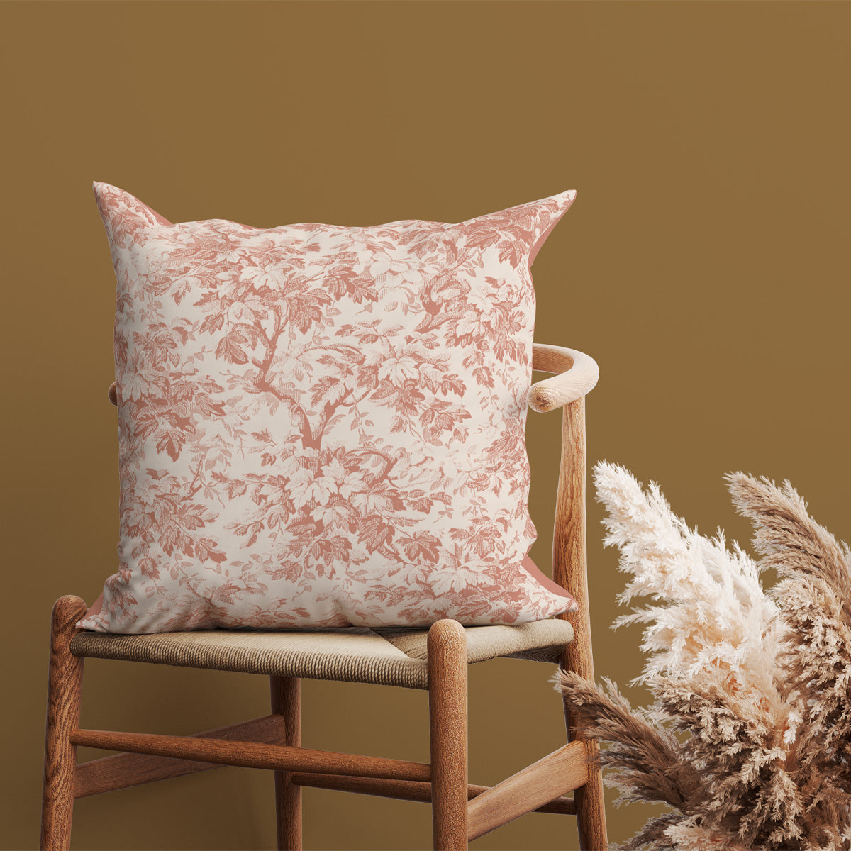 Coussin déco coton floral sépia 40x40cm